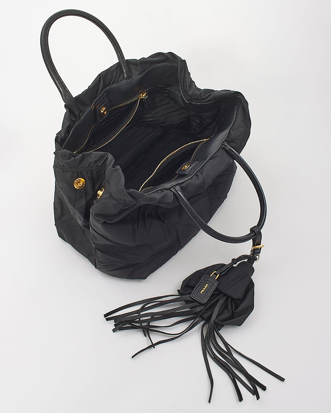 Prada Black Nylon Tessuto Top Handle Tassel Bag