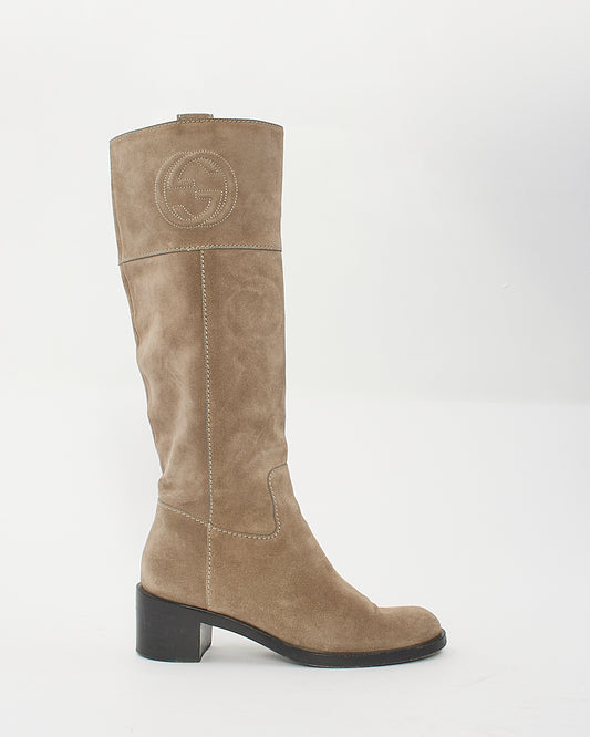 Gucci Grey/Beige Suede Knee High Boots - 39